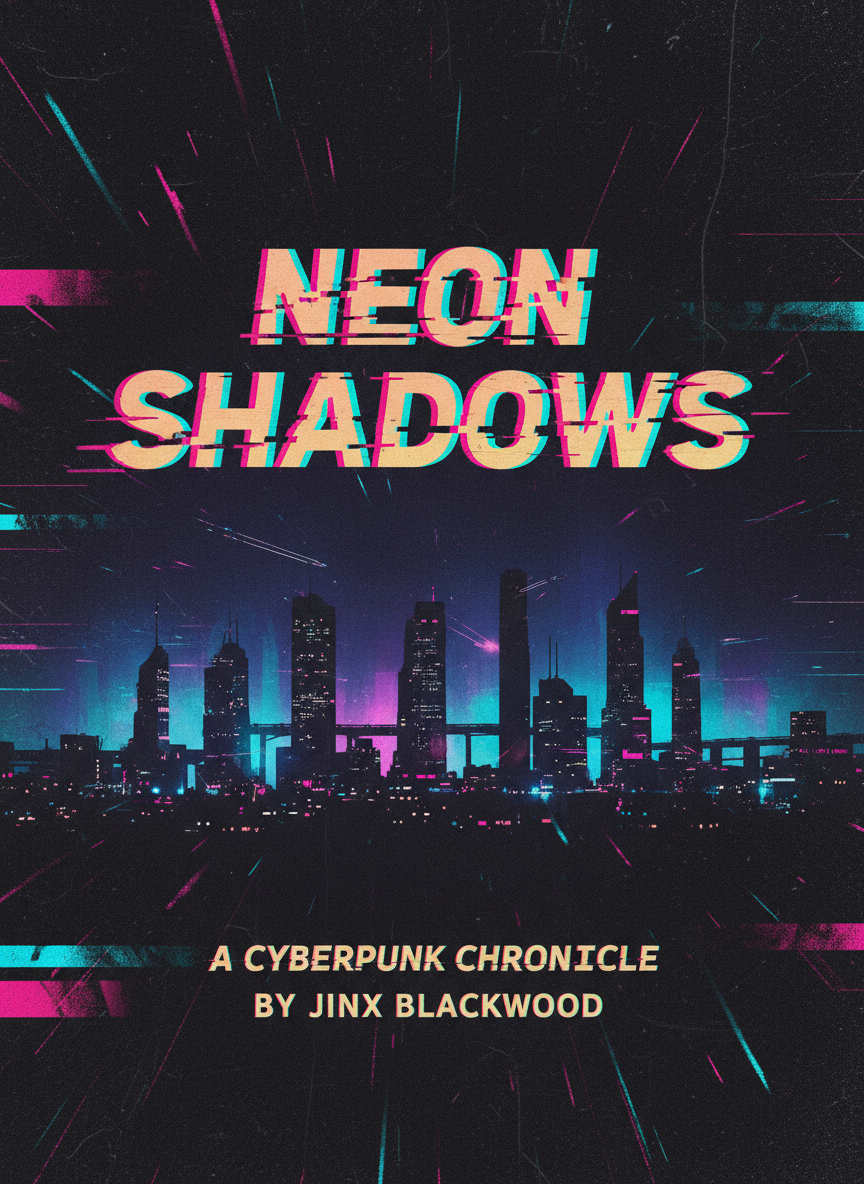 Cyberpunk science fiction book cover with neon city silhouette