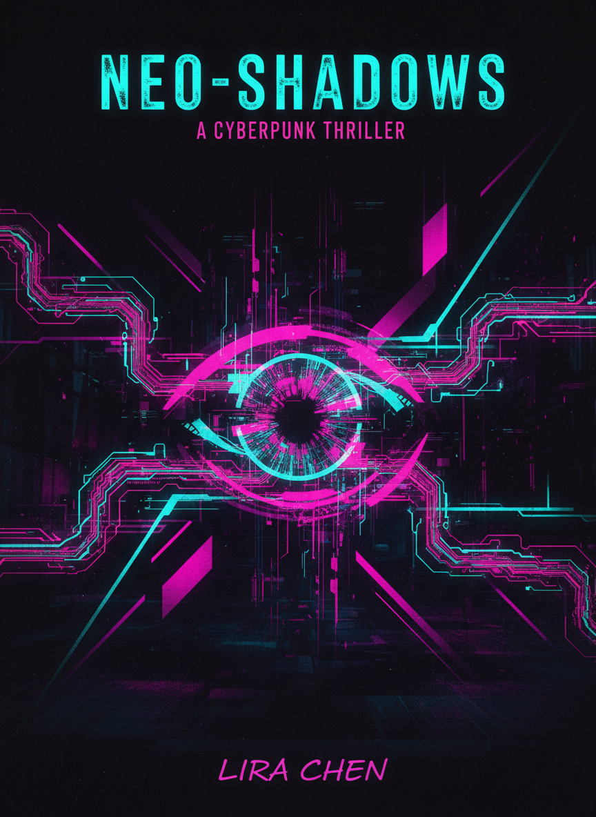 Noir cyberpunk book cover with glowing data streams and digital eye