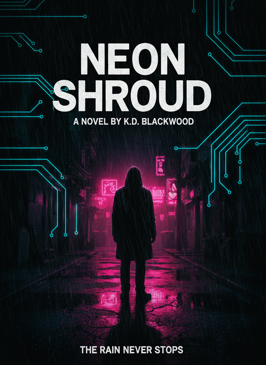 Dark sci-fi thriller book cover with cyan circuit patterns and noir lighting